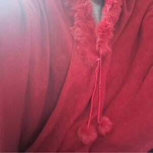 Cape shall vintage red with rabbit fur collar 43" length 70" wide Whimsicle